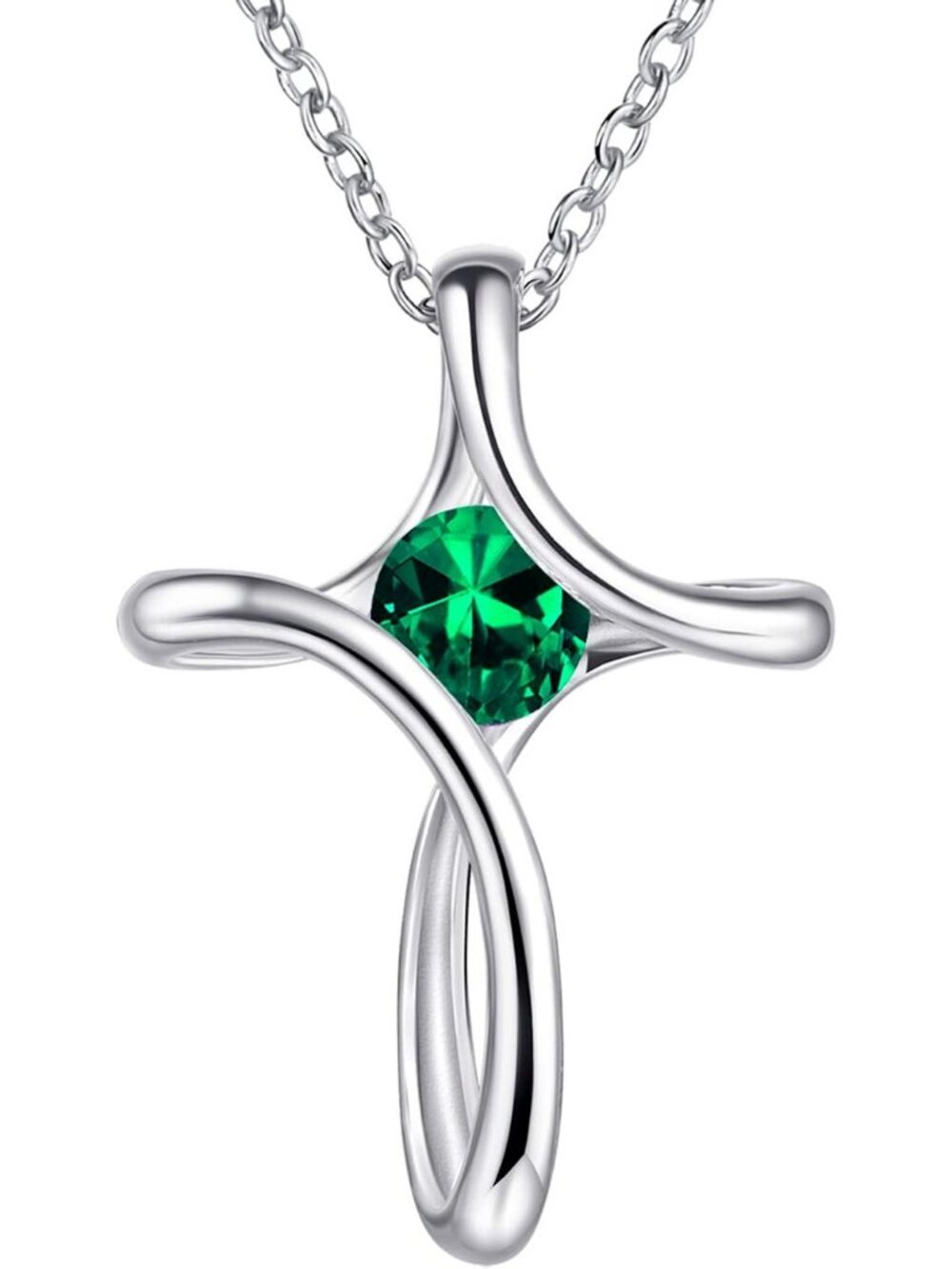 Women's Green Diamond Sideways Sterling Silver Birthstone Cross Necklace Chain